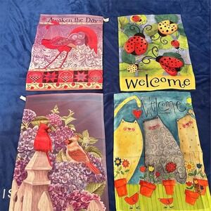 Set of 4 Garden Flags Cardinal Rooster Cats Ladybugs 10x15" Double-Sided‎